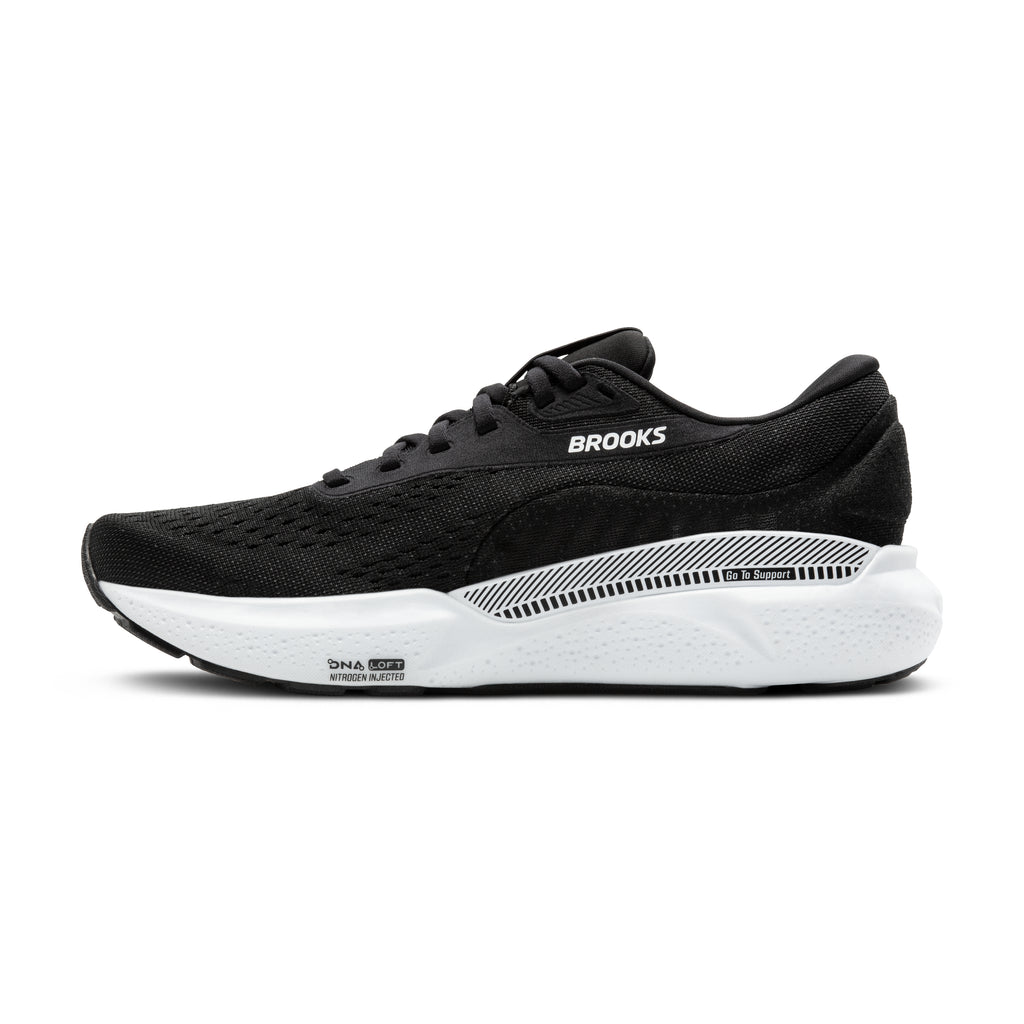 Men's Brooks Adrenaline GTS 24. Black upper. White midsole. Medial view.
