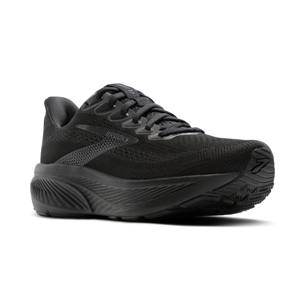Men's Brooks Ghost 17. Black upper. Black midsole. Lateral view.