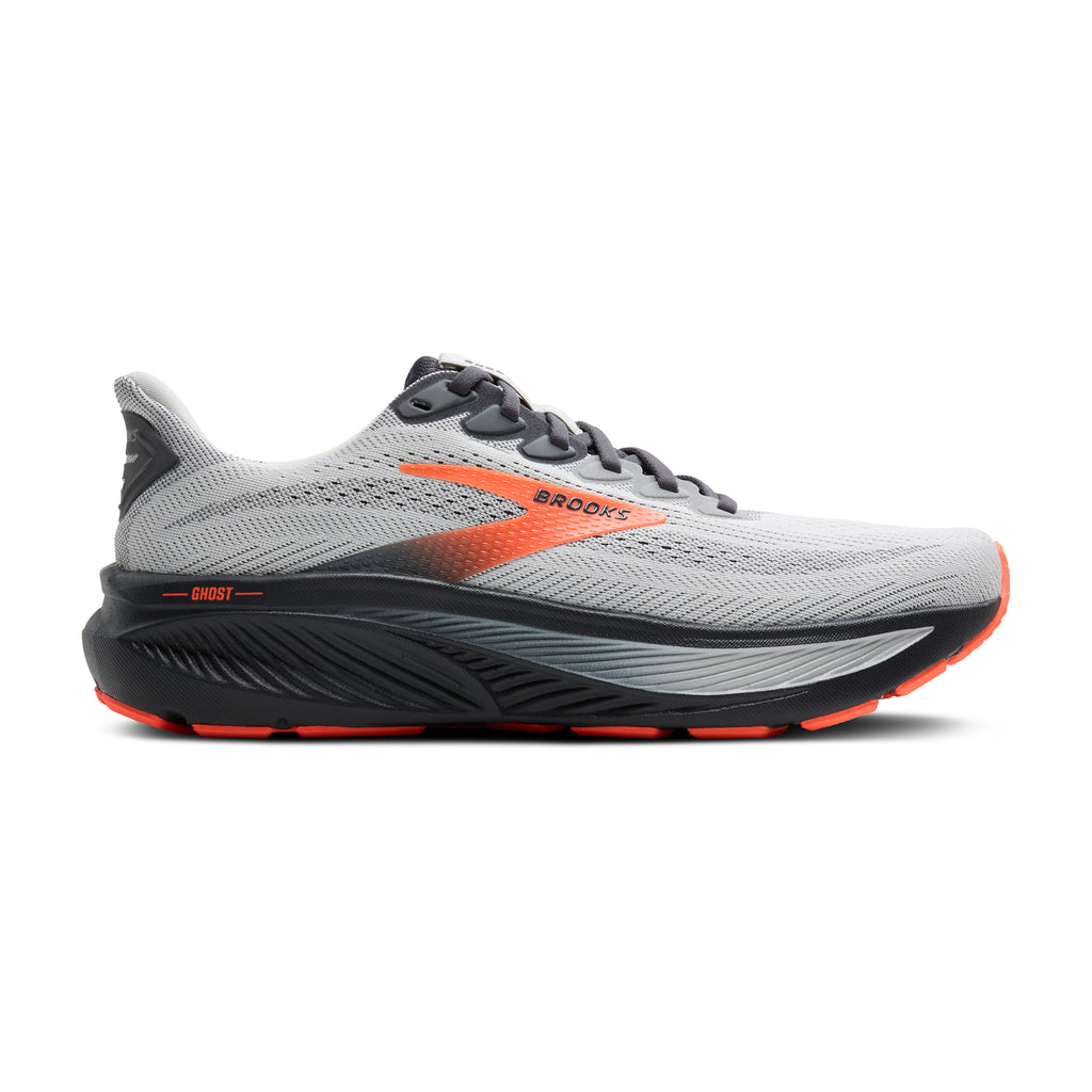 Men's Brooks Ghost 17. Grey upper. Black midsole. Lateral view.