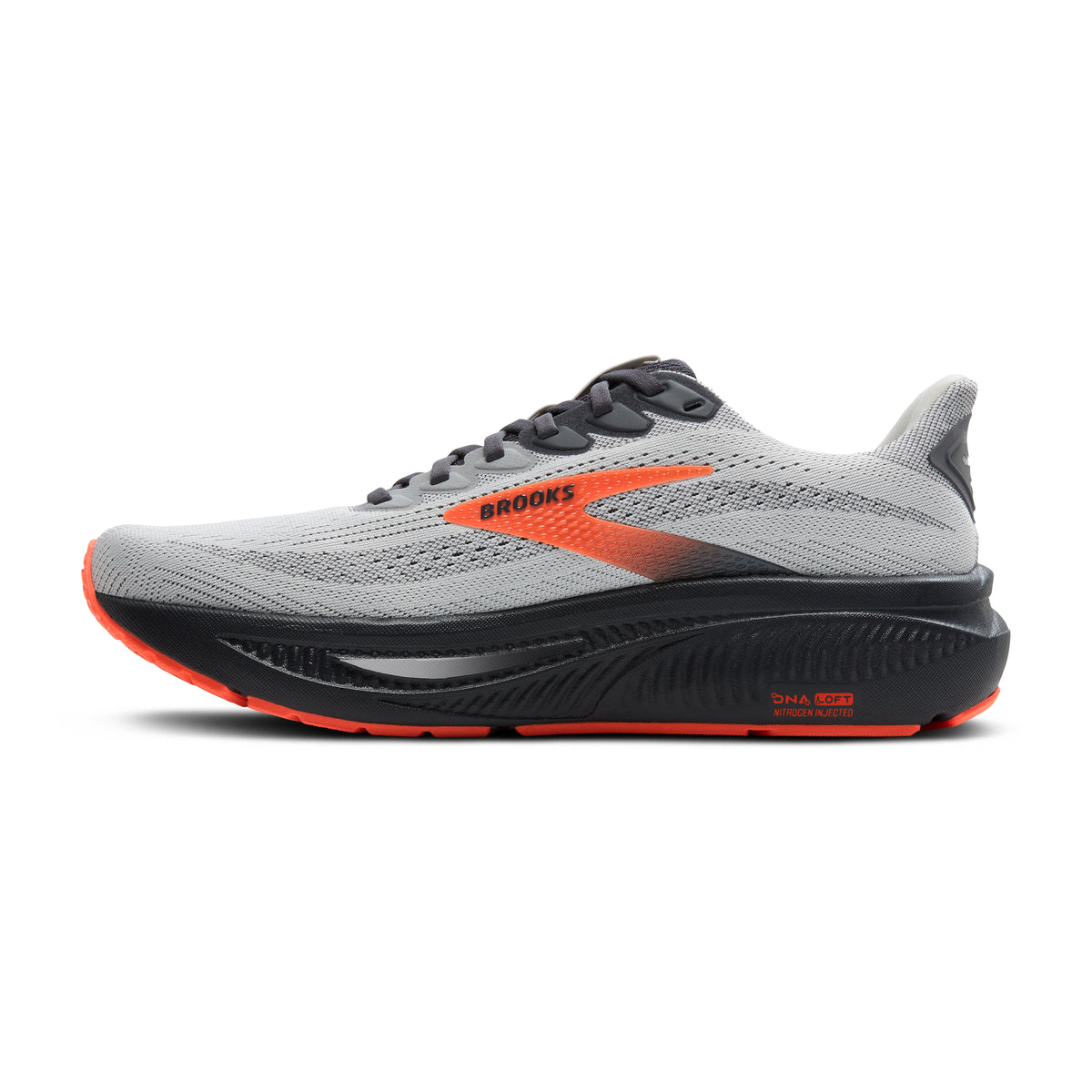 Men's Brooks Ghost 17. Grey upper. Black midsole. Medial view.