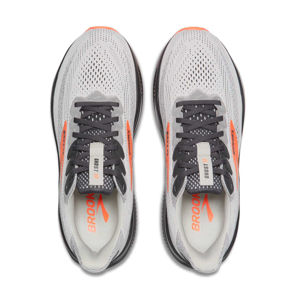 Men's Brooks Ghost 17. Grey upper. Black midsole. Top view.