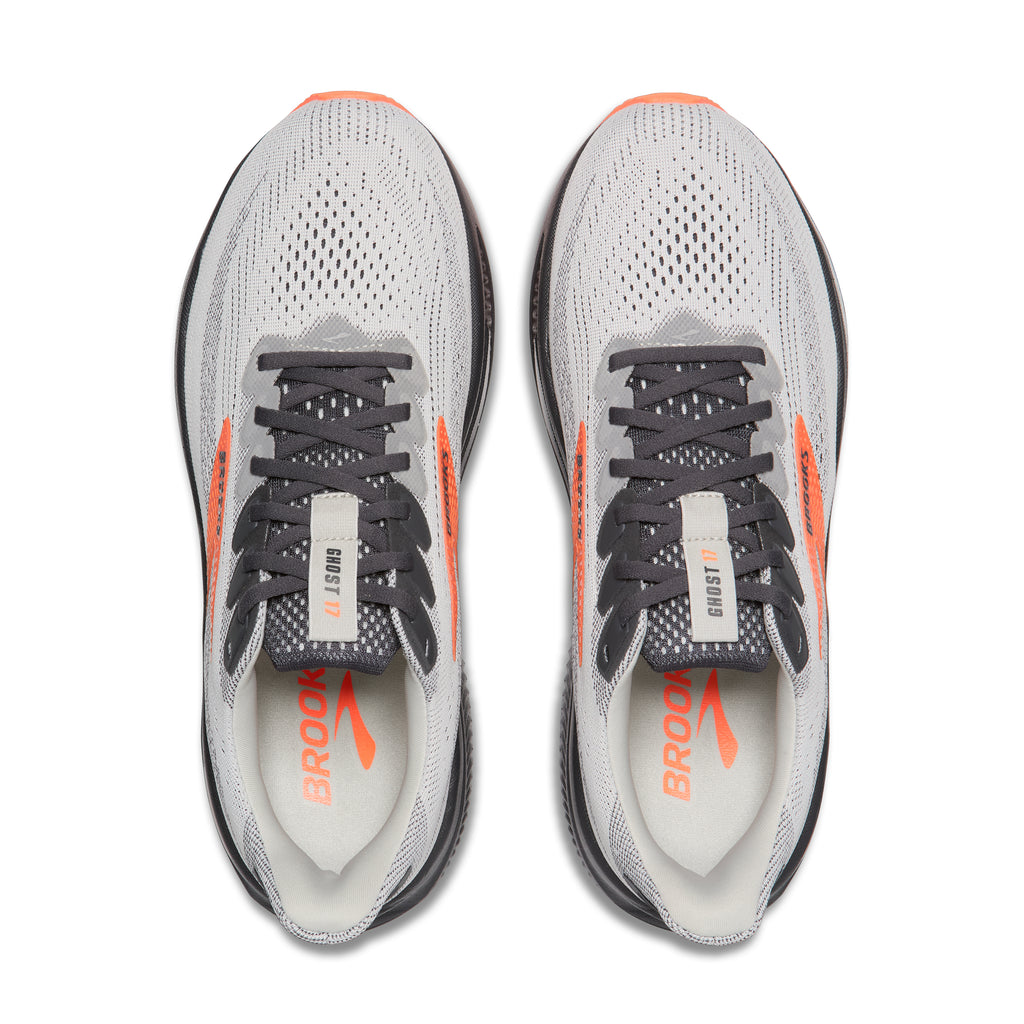Men's Brooks Ghost 17. Grey upper. Black midsole. Top view.