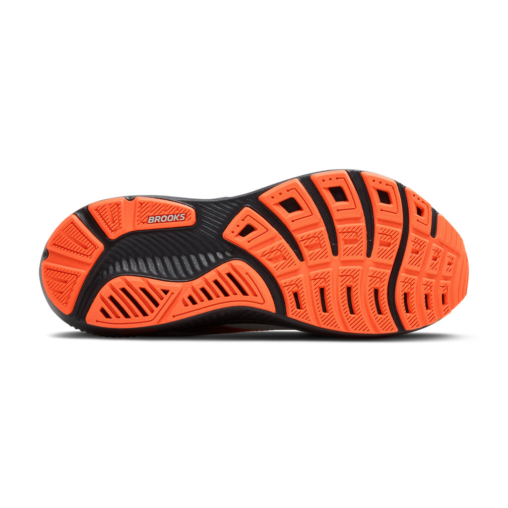 Men's Brooks Ghost 17. Grey upper. Black midsole. Bottom view.