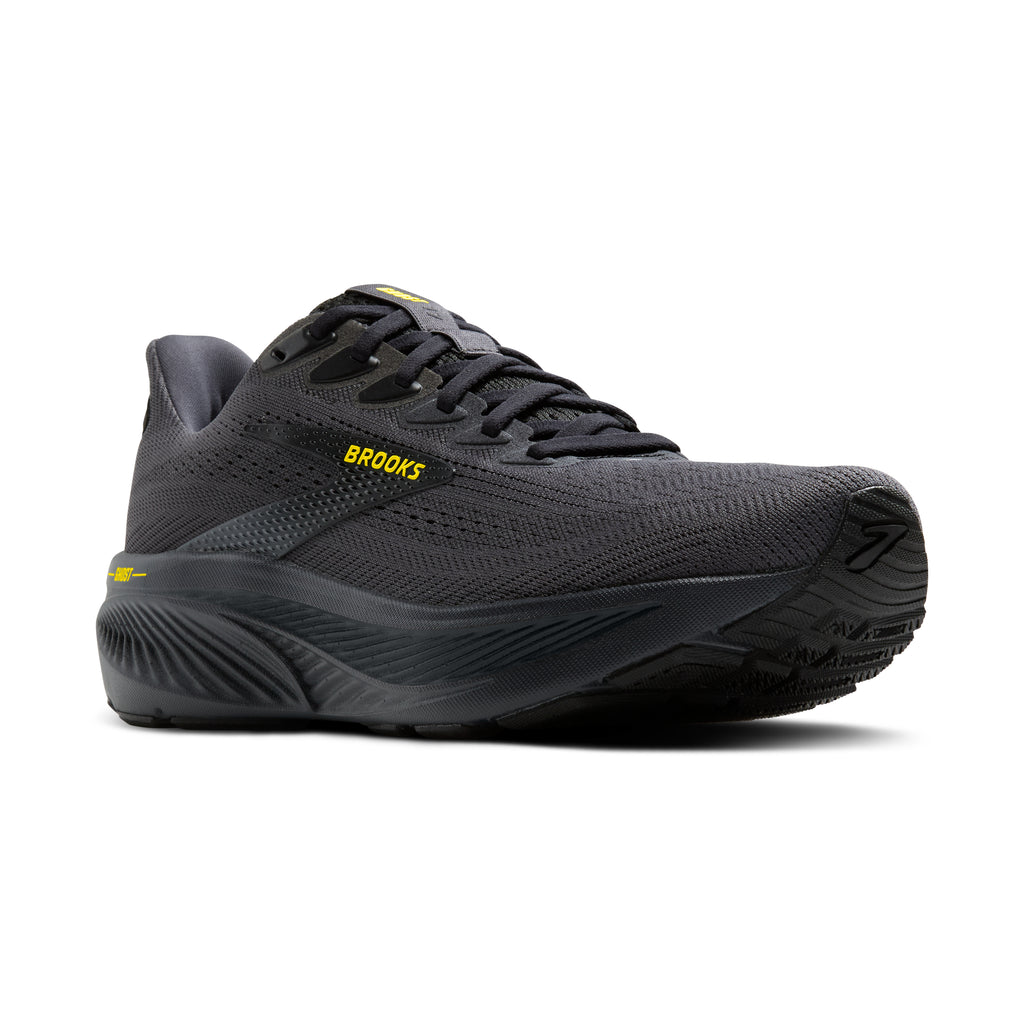 Men's Brooks Ghost 17. Black upper. Black midsole. Lateral view.