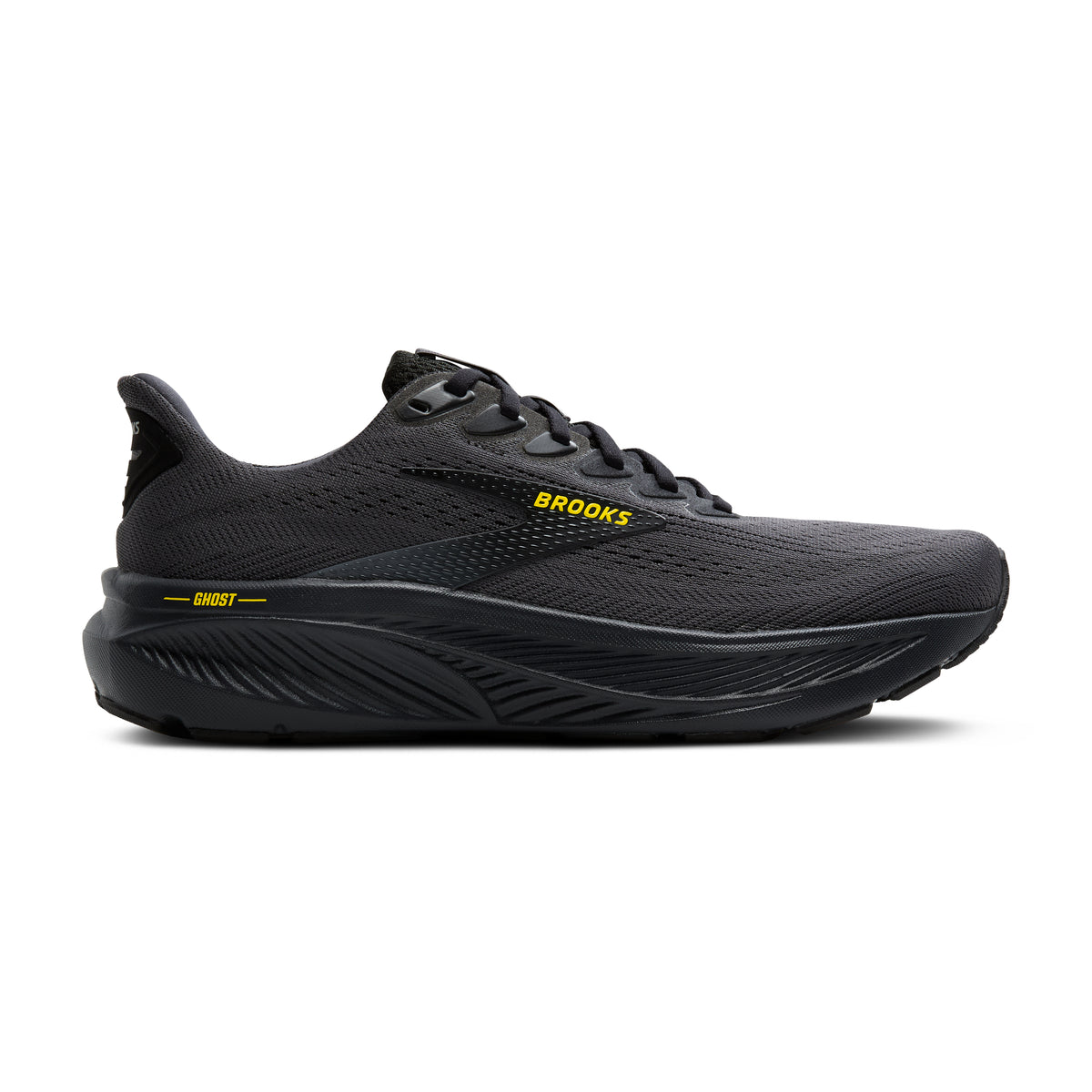 Men's Brooks Ghost 17. Black upper. Black midsole. Lateral view.