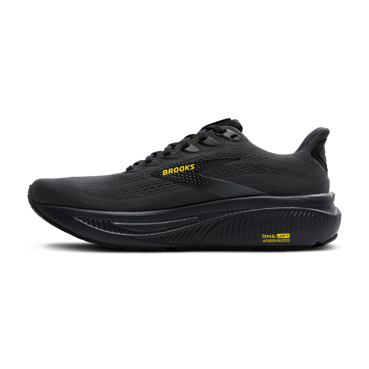 Men's Brooks Ghost 17. Black upper. Black midsole. Medial view.