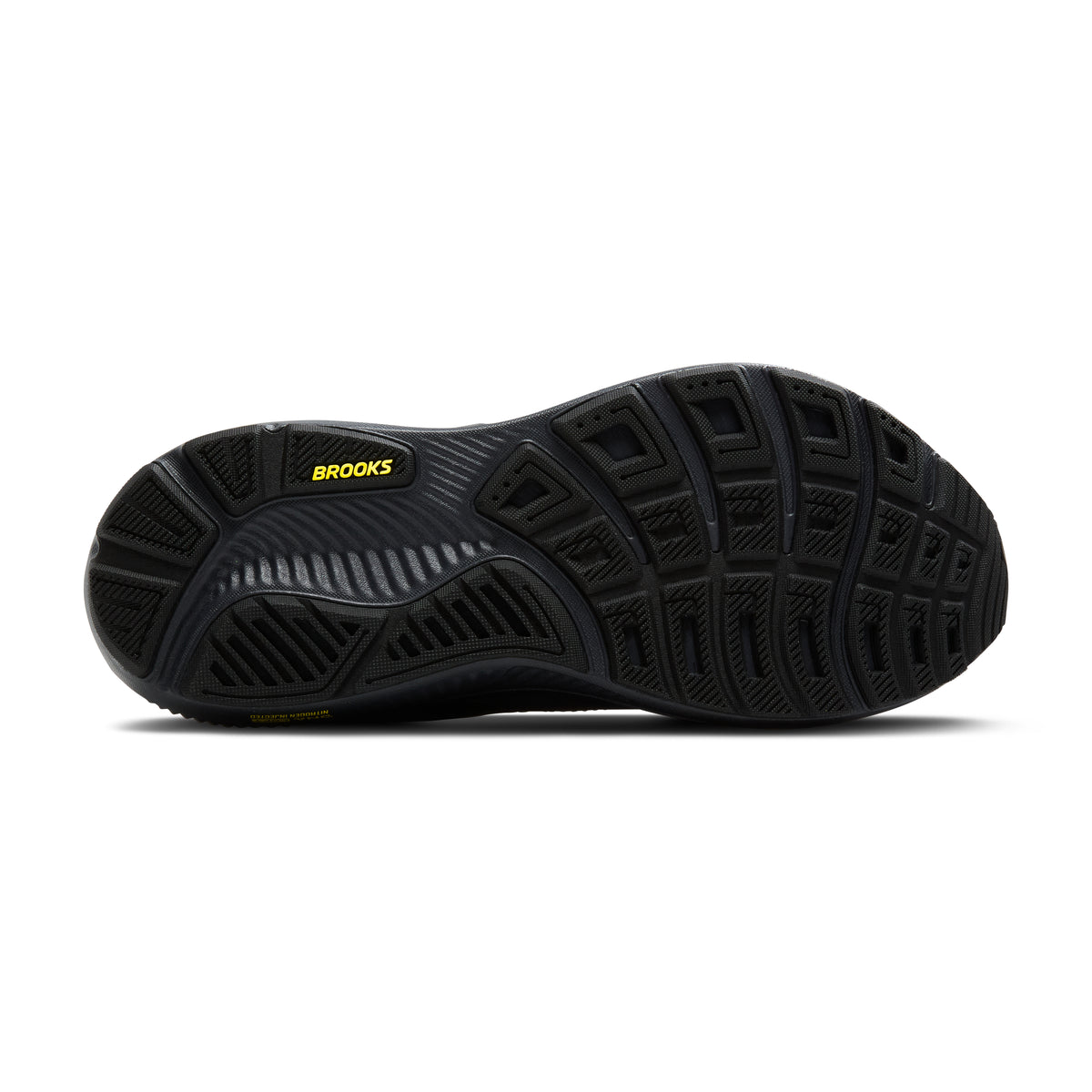 Men's Brooks Ghost 17. Black upper. Black midsole. Bottom view.