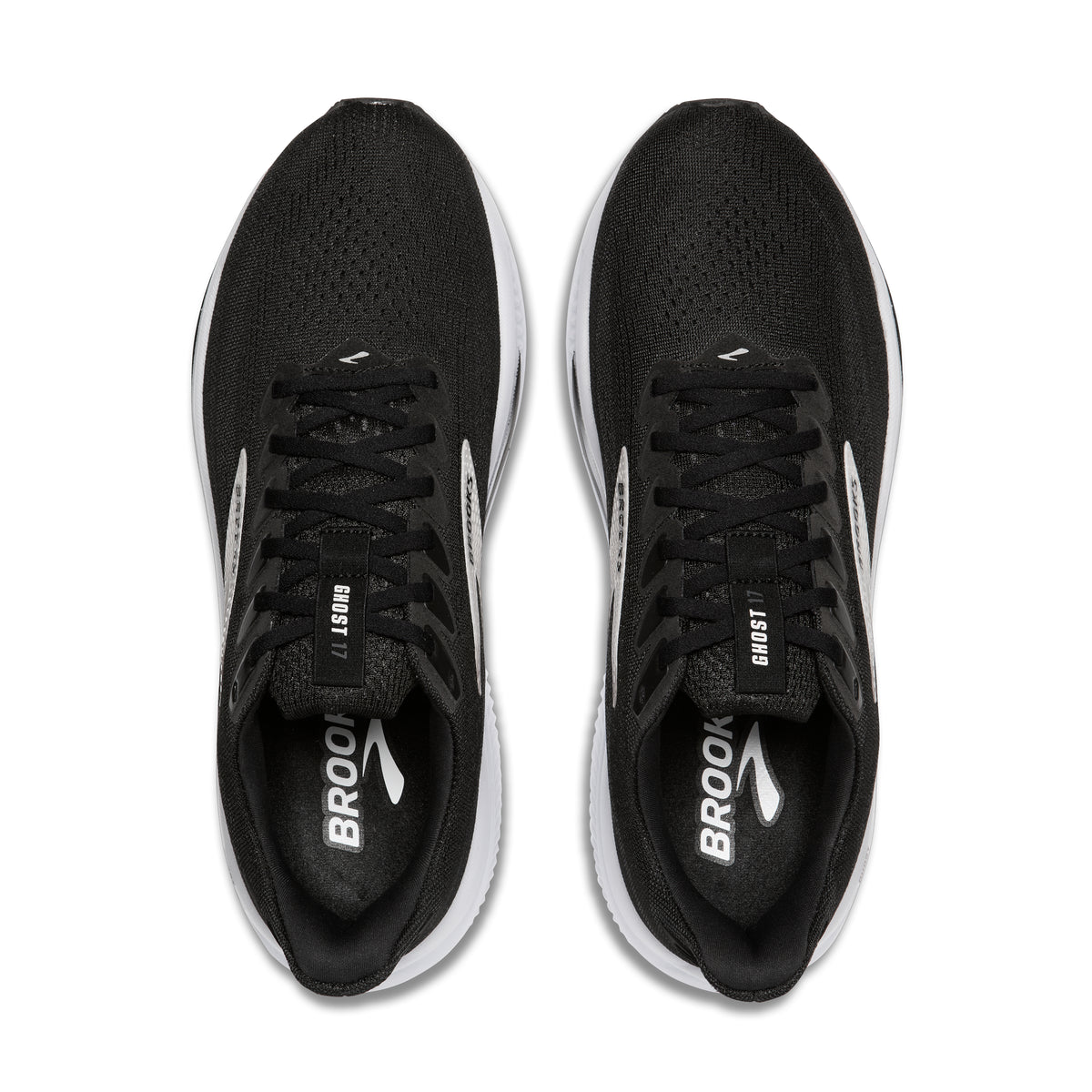 Men's Brooks Ghost 17. Black upper. White midsole. Top view.