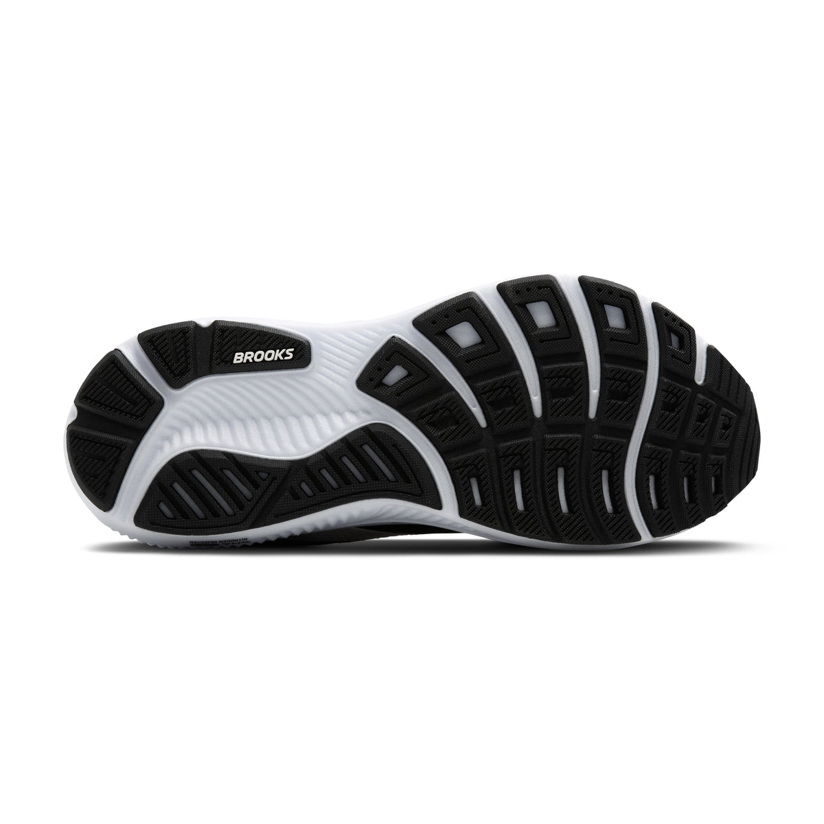 Men's Brooks Ghost 17. Black upper. White midsole. Bottom view.