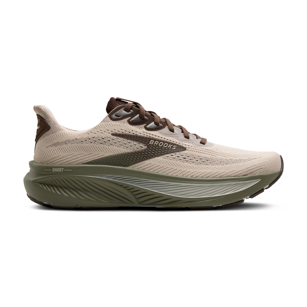Men's Brooks Ghost 17. Grey upper. Brown midsole. Lateral view.
