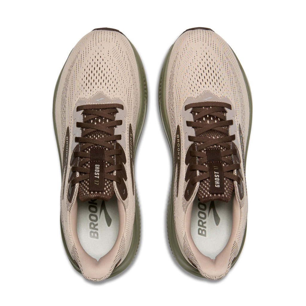 Men's Brooks Ghost 17. Grey upper. Brown midsole. Top view.