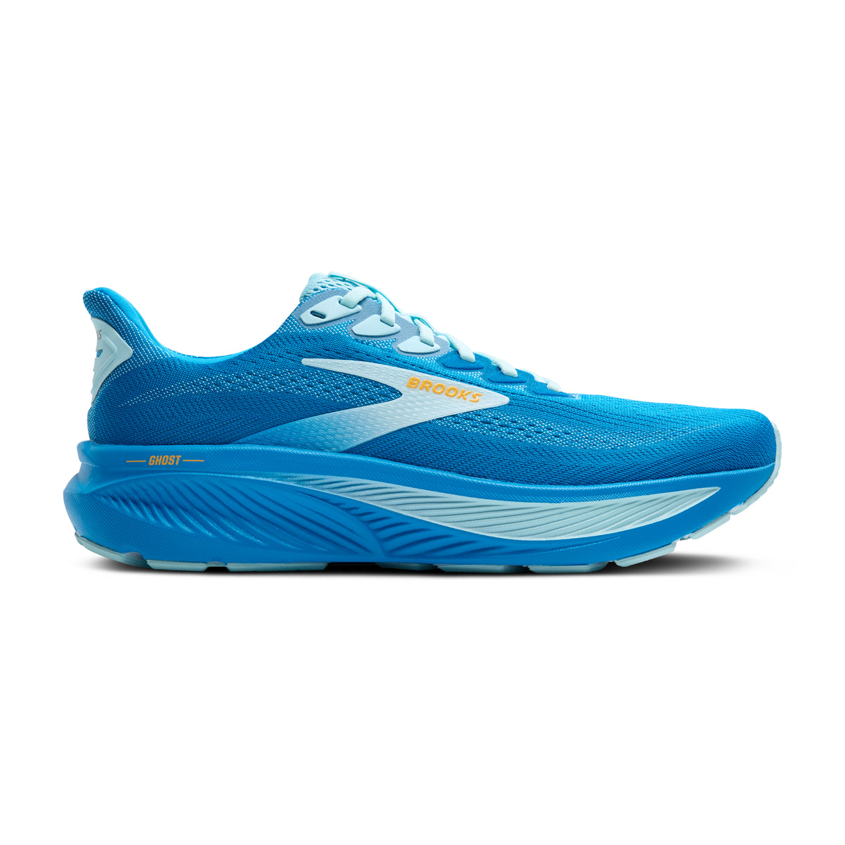 Men's Brooks Ghost 17. Blue upper. Blue midsole. Lateral view.