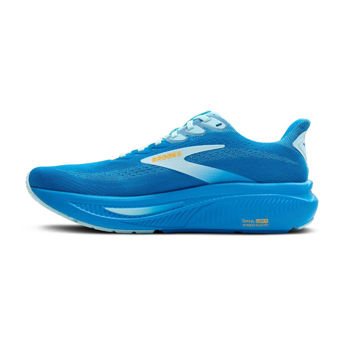 Men's Brooks Ghost 17. Blue upper. Blue midsole. Medial view.