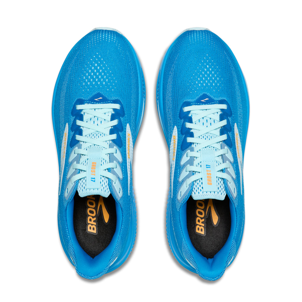 Men's Brooks Ghost 17. Blue upper. Blue midsole. Top view.