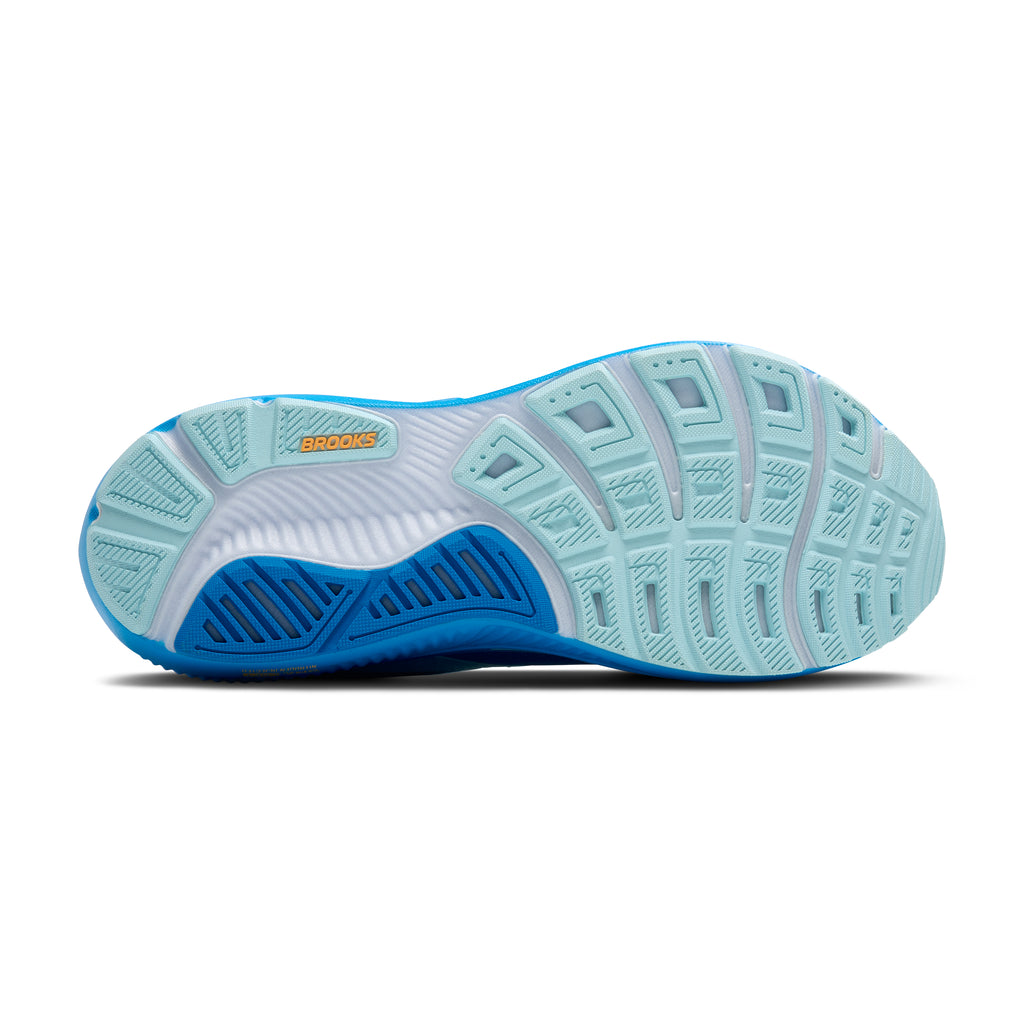 Men's Brooks Ghost 17. Blue upper. Blue midsole. Bottom view.