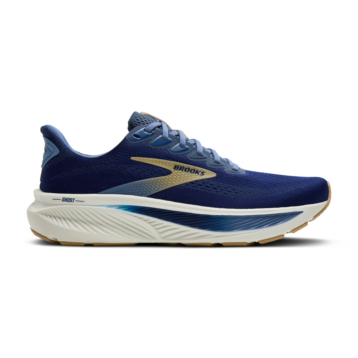 Men's Brooks Ghost 17. Blue upper. Off White midsole. Lateral view.