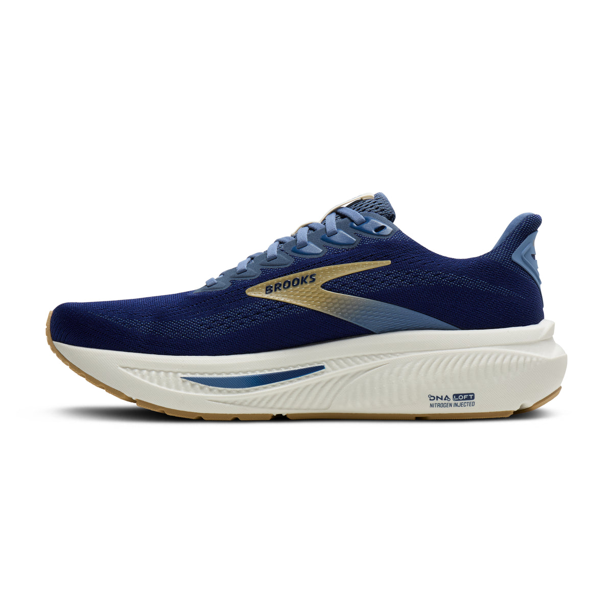 Men's Brooks Ghost 17. Blue upper. Off White midsole. Medial view.