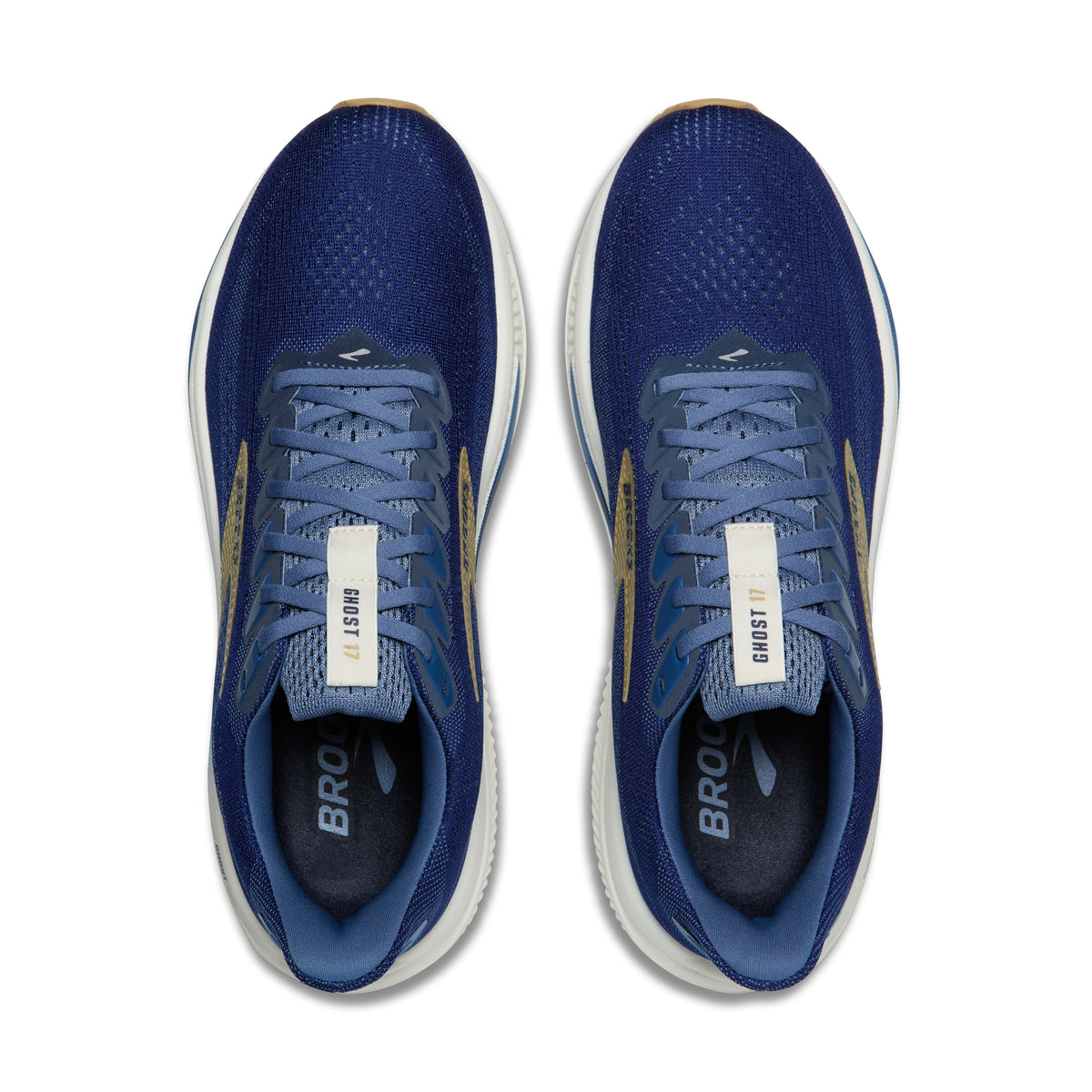 Men's Brooks Ghost 17. Blue upper. Off White midsole. Top view.