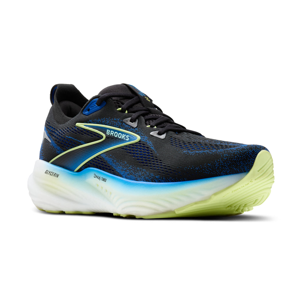 Men's Brooks Glycerin 22. Black upper. White midsole. Lateral view.