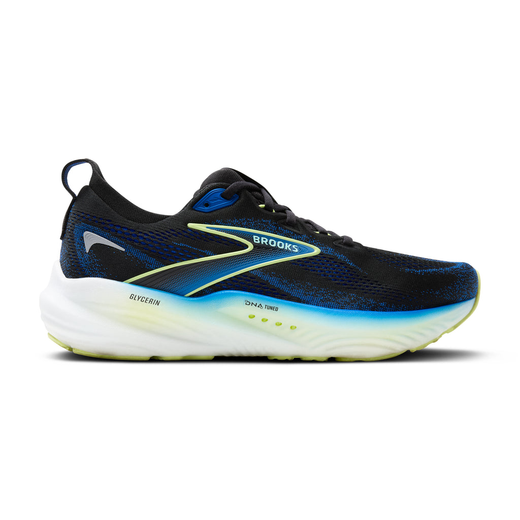 Men's Brooks Glycerin 22. Black upper. White midsole. Lateral view.