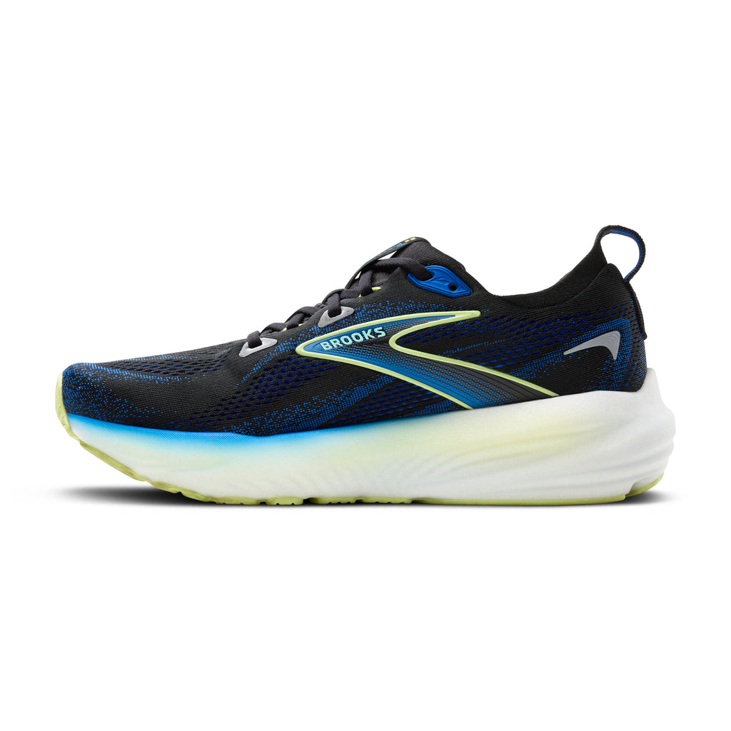 Men's Brooks Glycerin 22. Black upper. White midsole. Medial view.