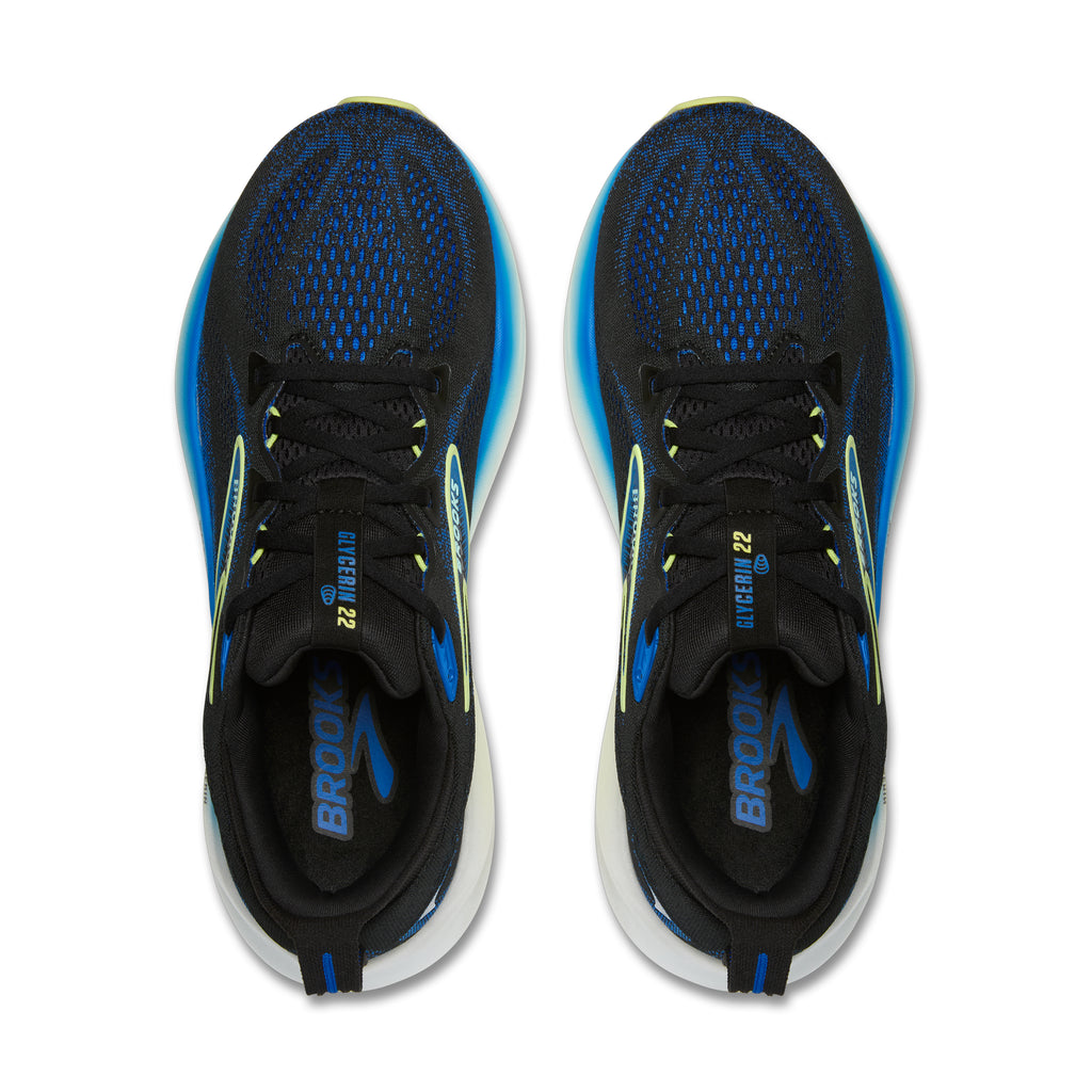 Men's Brooks Glycerin 22. Black upper. White midsole. Top view.