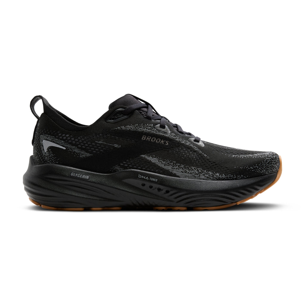 Men's Brooks Glycerin 22. Black upper. Black midsole. Lateral view.