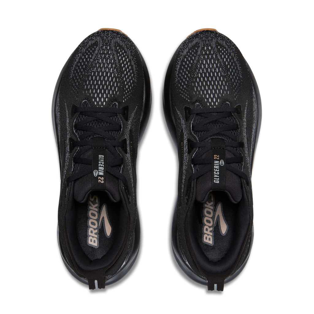 Men's Brooks Glycerin 22. Black upper. Black midsole. Top view.