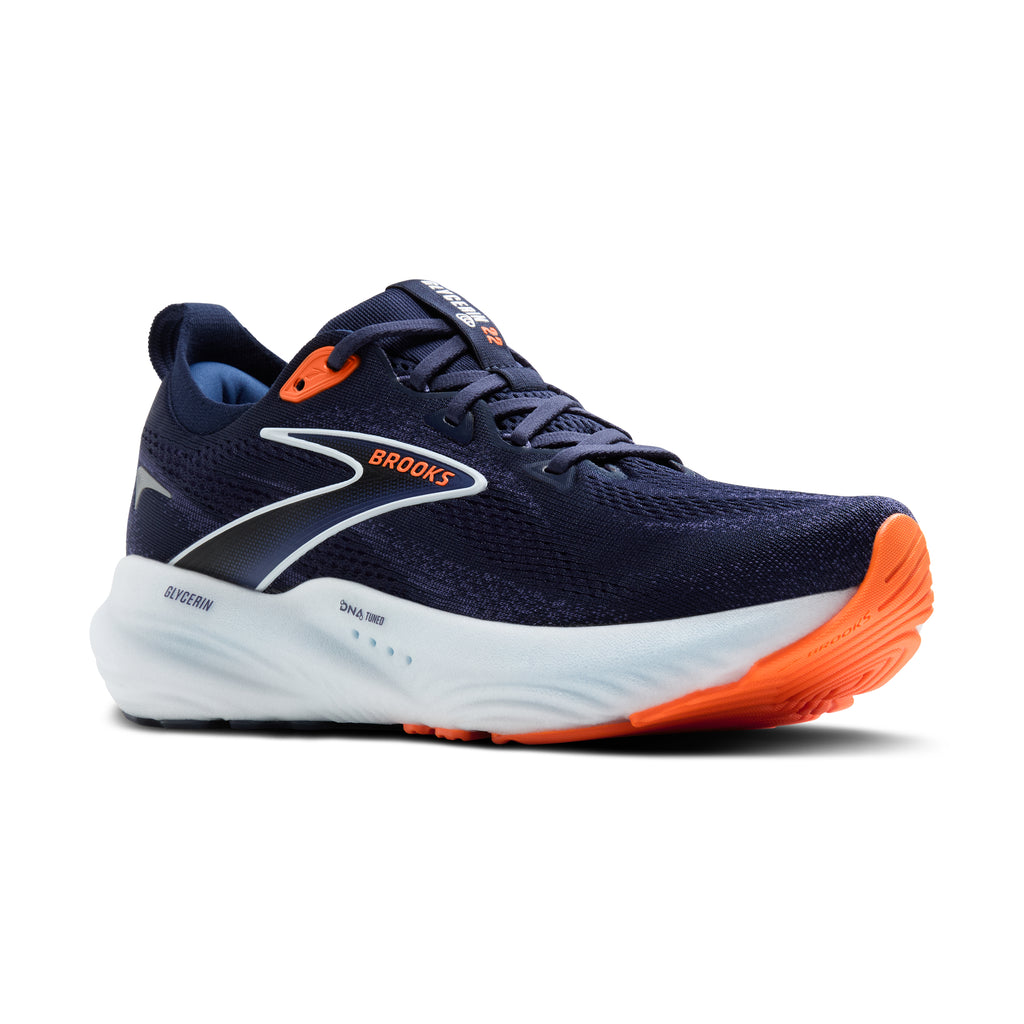Men's Brooks Glycerin 22. Dark Blue upper. White midsole. Lateral view.