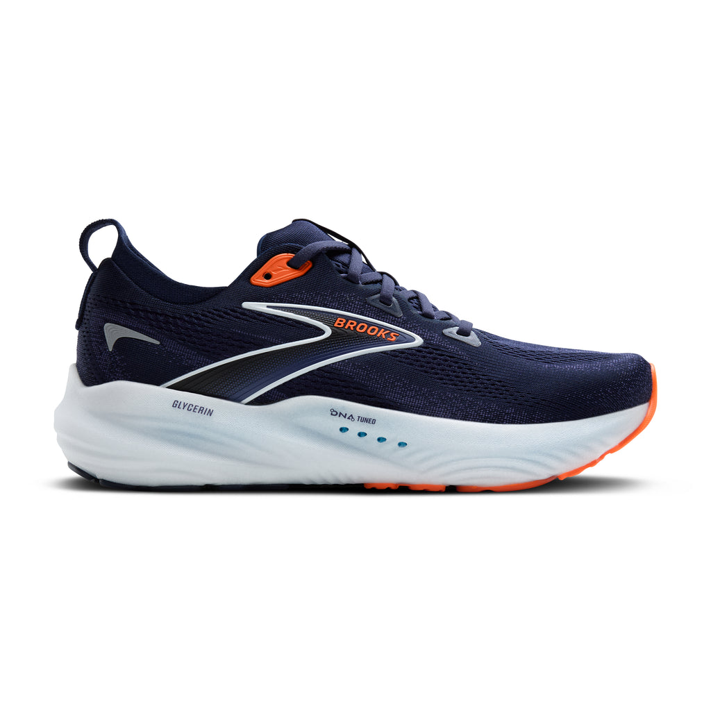 Men's Brooks Glycerin 22. Dark Blue upper. White midsole. Lateral view.