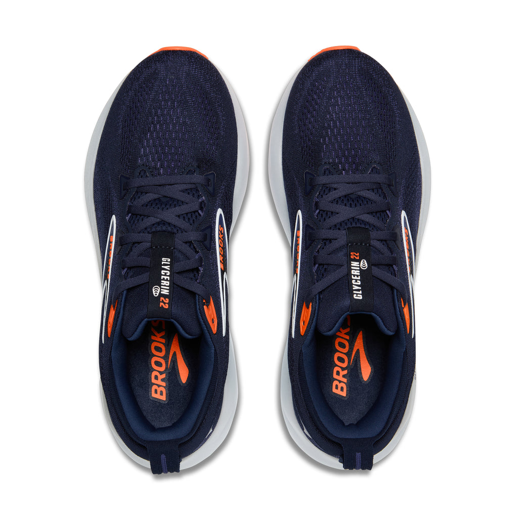 Men's Brooks Glycerin 22. Dark Blue upper. White midsole. Top view.