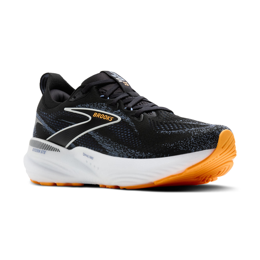 Men's Brooks Glycerin GTS 22. Black upper. White midsole. Lateral view.