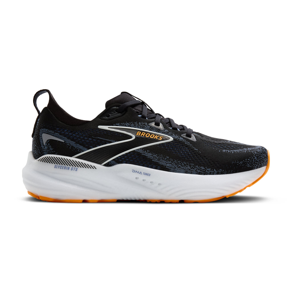 Men's Brooks Glycerin GTS 22. Black upper. White midsole. Lateral view.