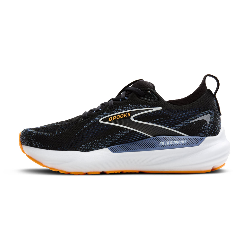 Men's Brooks Glycerin GTS 22. Black upper. White midsole. Medial view.