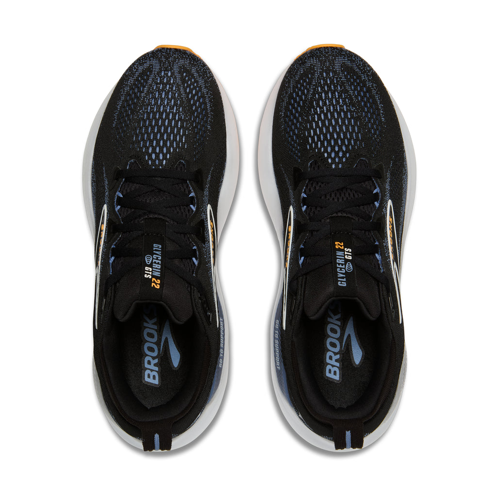 Men's Brooks Glycerin GTS 22. Black upper. White midsole. Top view.