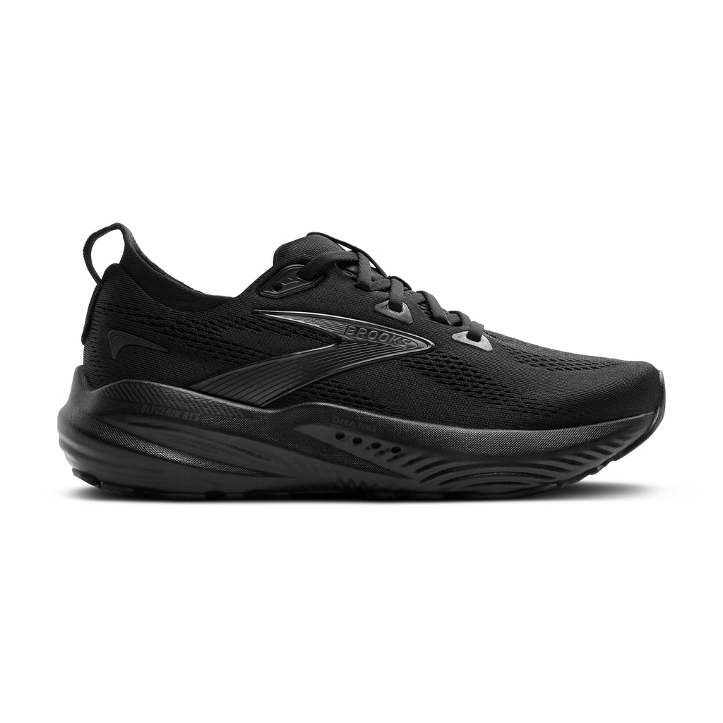 Men's Brooks Glycerin GTS 22. Black upper. Black midsole. Lateral view.