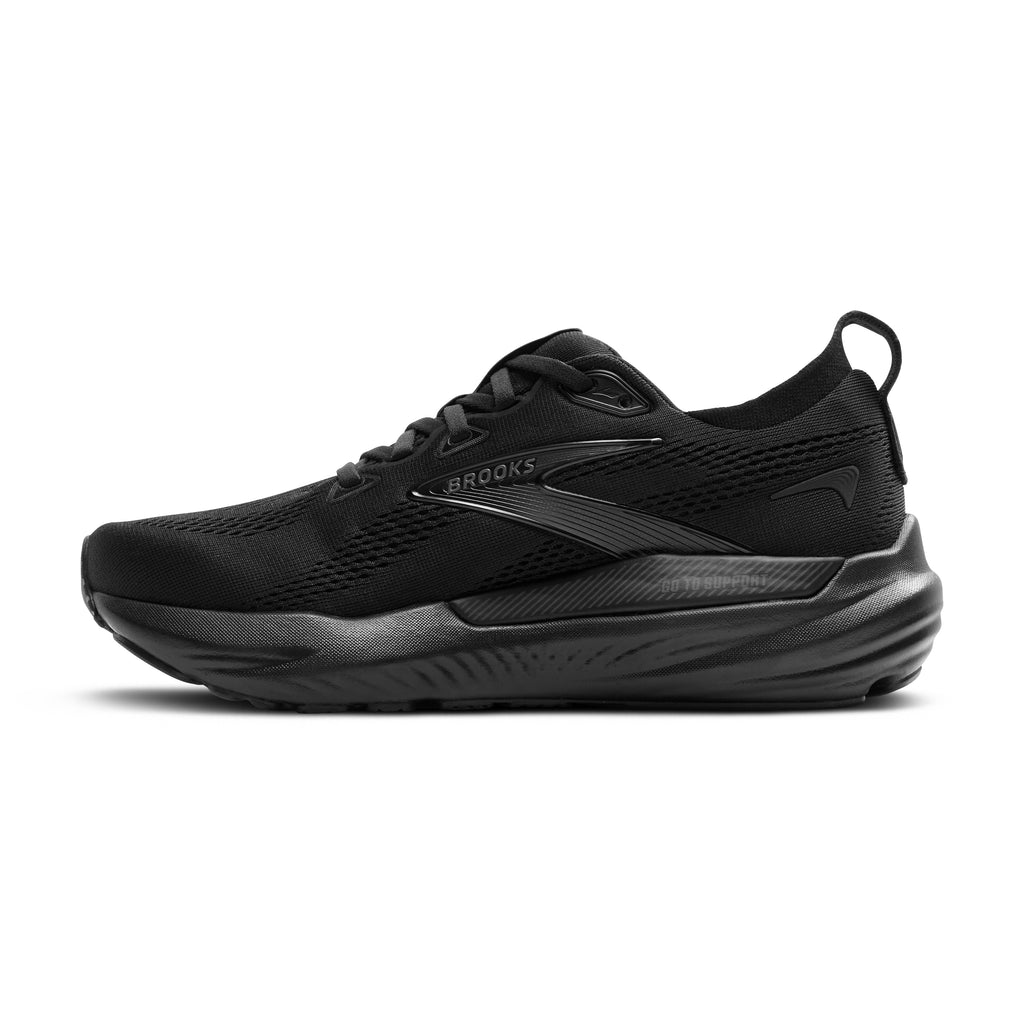 Men's Brooks Glycerin GTS 22. Black upper. Black midsole. Medial view.