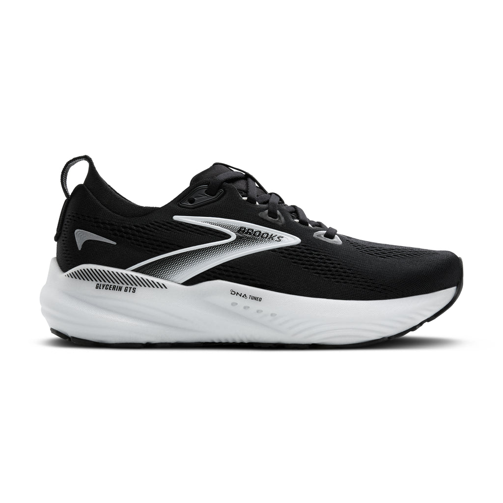 Men's Brooks Glycerin GTS 22. Black upper. White midsole. Lateral view.
