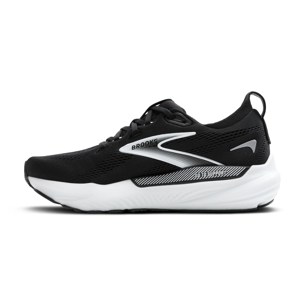 Men's Brooks Glycerin GTS 22. Black upper. White midsole. Medial view.