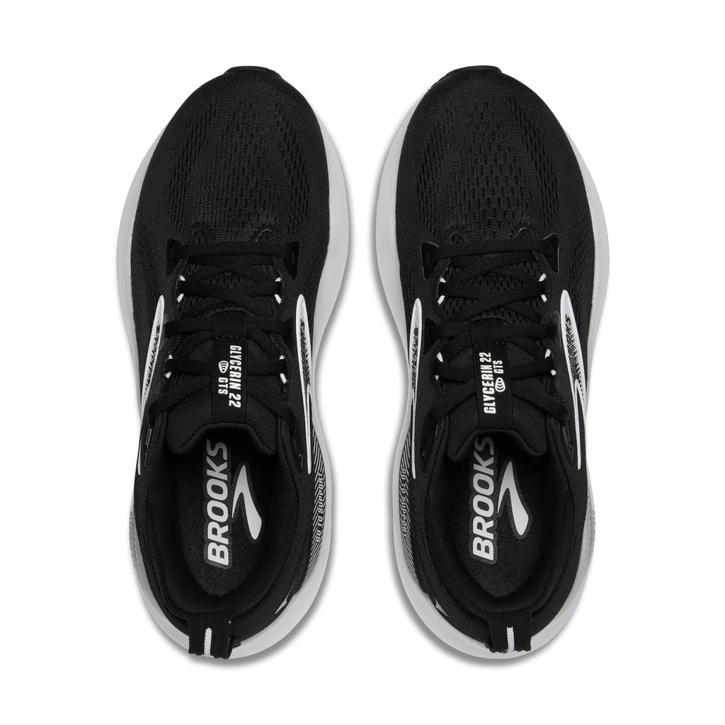 Men's Brooks Glycerin GTS 22. Black upper. White midsole. Top view.