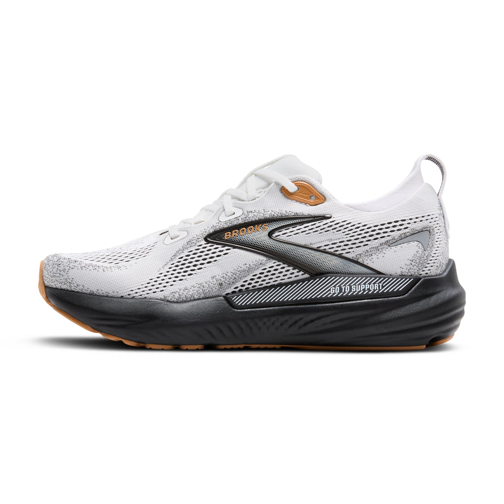 Men's Brooks Glycerin GTS 22. White/Grey upper. Black midsole. Medial view.