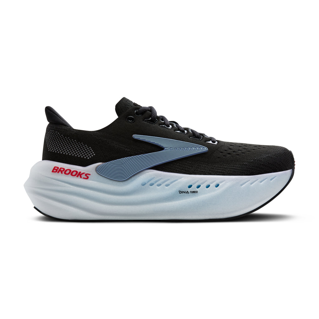 Men's Brooks Glycerin Max. Black upper. White midsole. Lateral view.