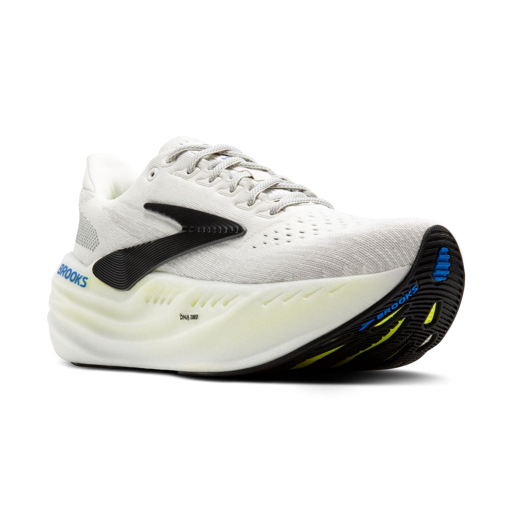 Men's Brooks Glycerin Max. White upper. White midsole. Lateral view.