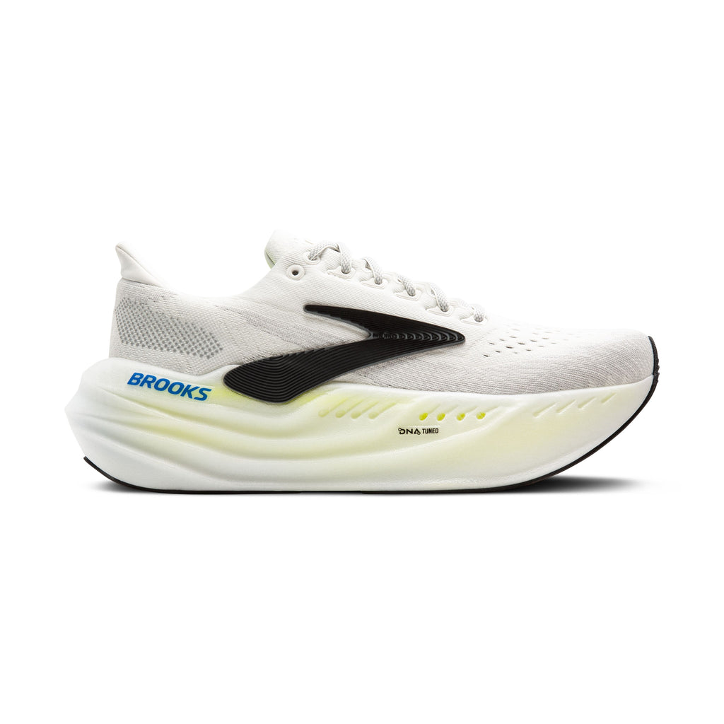Men's Brooks Glycerin Max. White upper. White midsole. Lateral view.