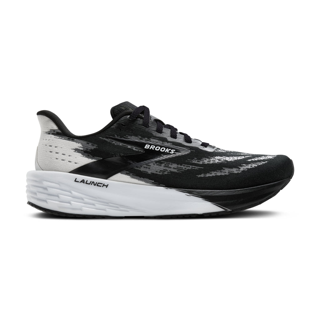 Men's Brooks Launch 11. Black/White upper. Black/White midsole. Lateral view.