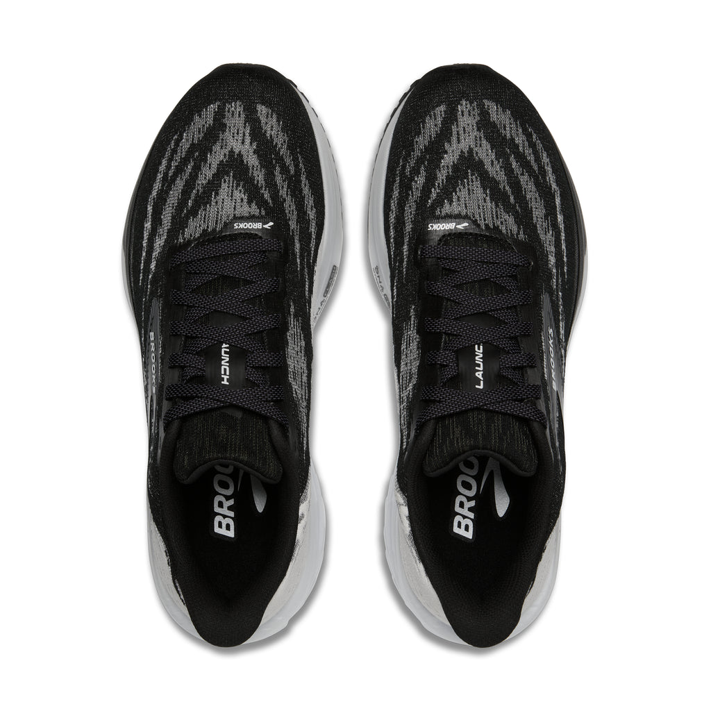 Men's Brooks Launch 11. Black/White upper. Black/White midsole. Top view.
