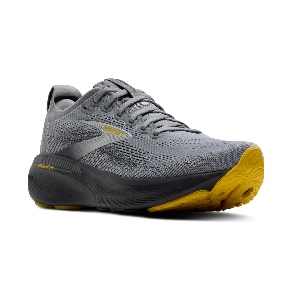 Men's Brooks Adrenaline GTS 25. Dark Grey upper. Black midsole. Lateral view.