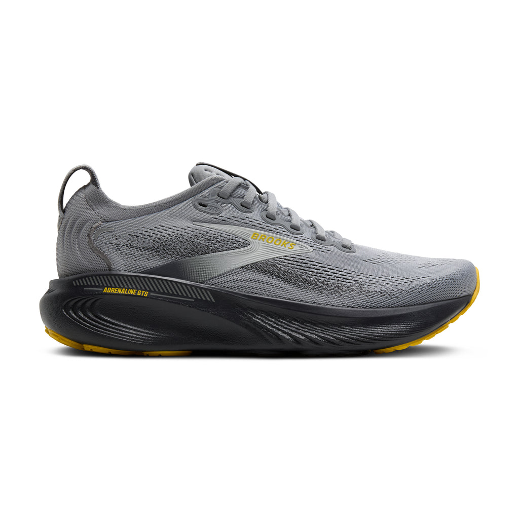 Men's Brooks Adrenaline GTS 25. Dark Grey upper. Black midsole. Lateral view.