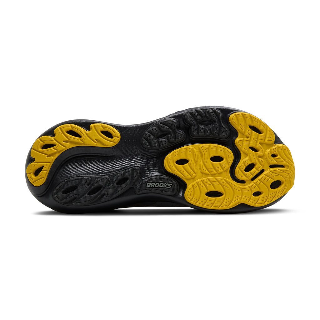 Men's Brooks Adrenaline GTS 25. Dark Grey upper. Black midsole. Bottom view.