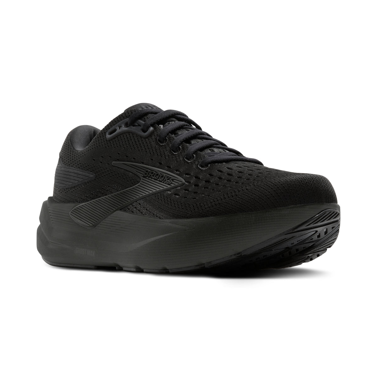 Men's Brooks Ghost Max 3. Black upper. Black midsole. Lateral view.